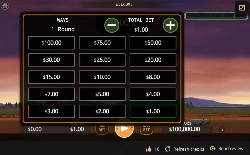 Bet selection panel with amounts from 1 to 100