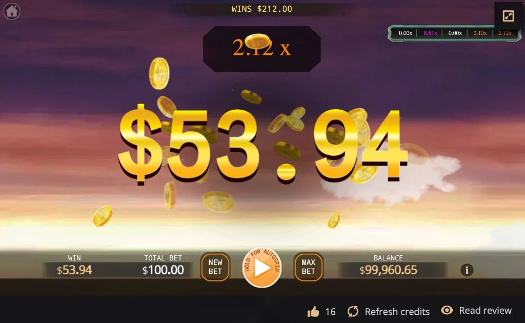 A large win of 53.94 at a 2.12x multiplier in the aviation crash game