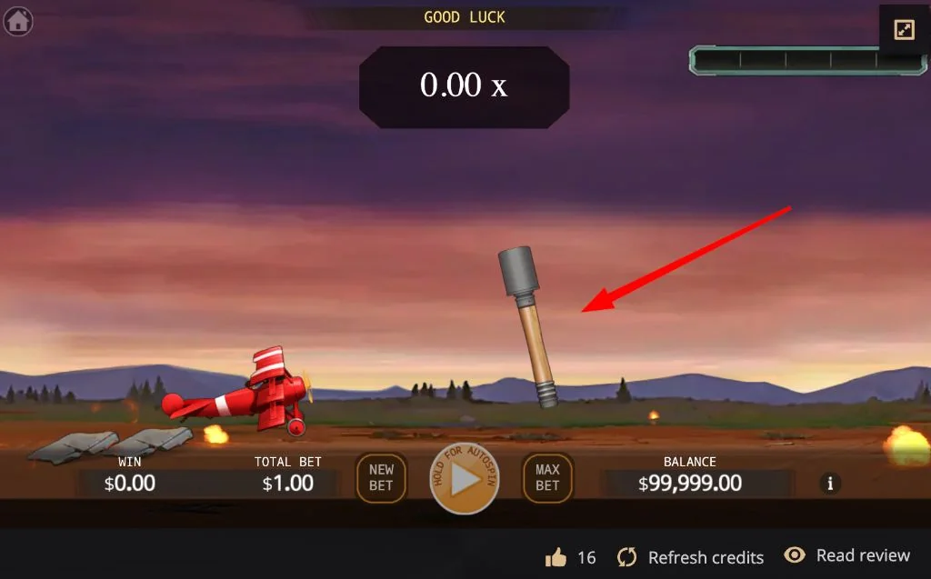 Start of a round: a red plane on the runway and a 0.00x coefficient