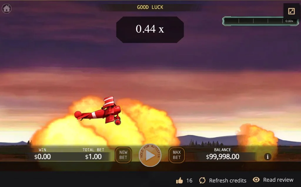A red plane flying over explosions, multiplier 0.44x